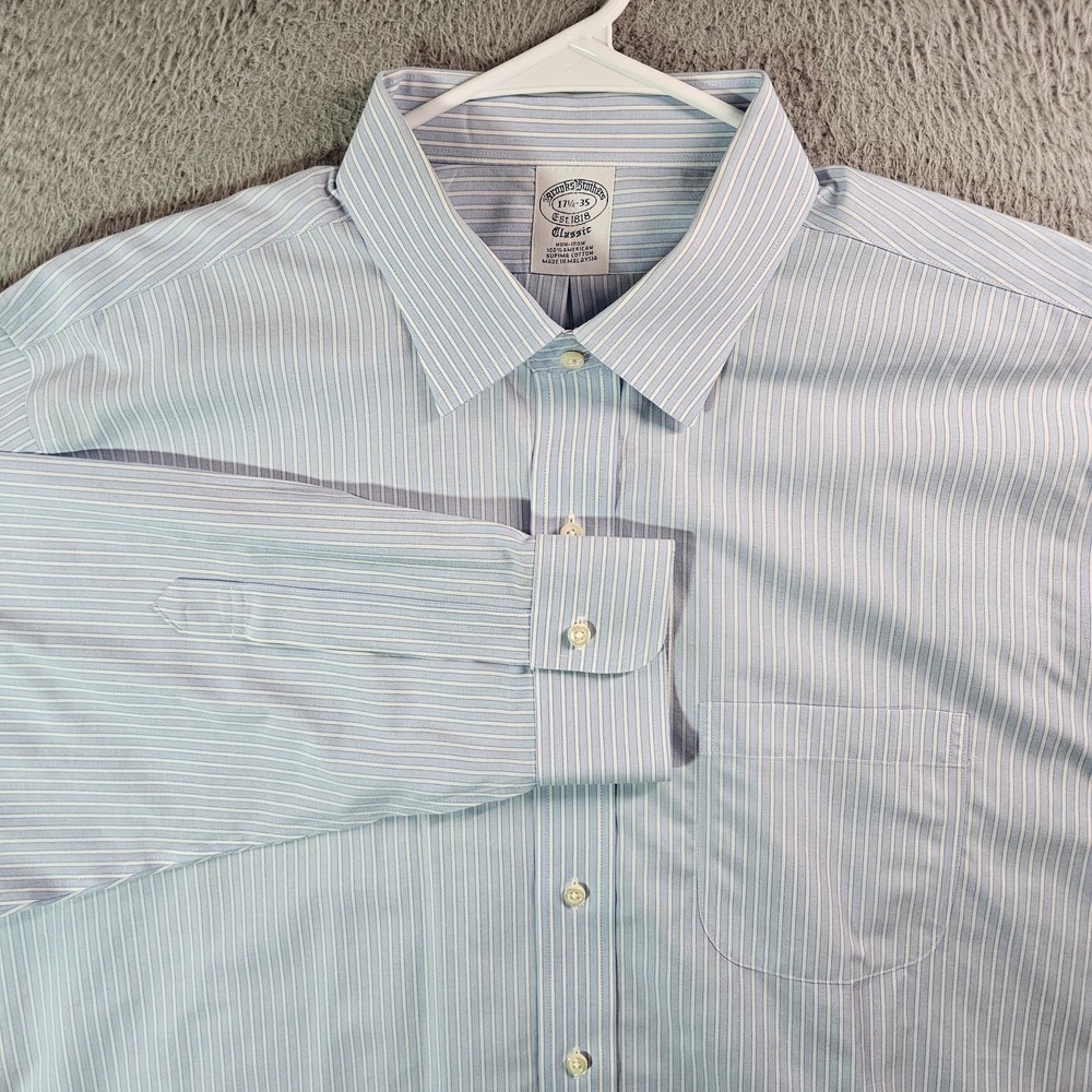 Brooks Brothers Shirt Men 17.5 35 Button Up Long Sleeve Light Blue White Striped